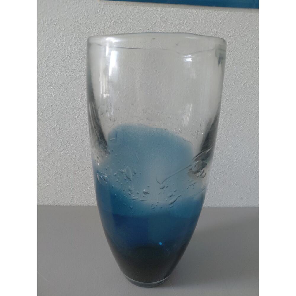 Ombre Blue Thick Glass Vase Mid Stripe Extended Bubbles Ocean Artistic Large MCM - Picture 2 of 11